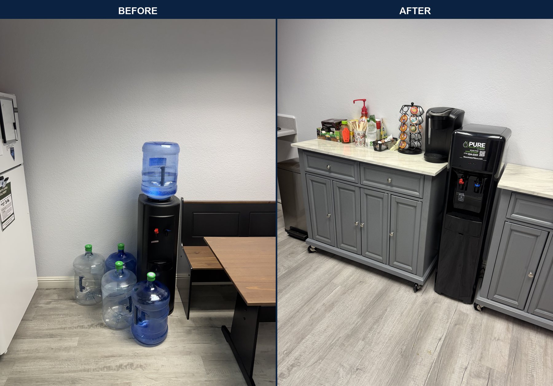 Before bottled water jugs, after a Pure Water bottleless office cooler